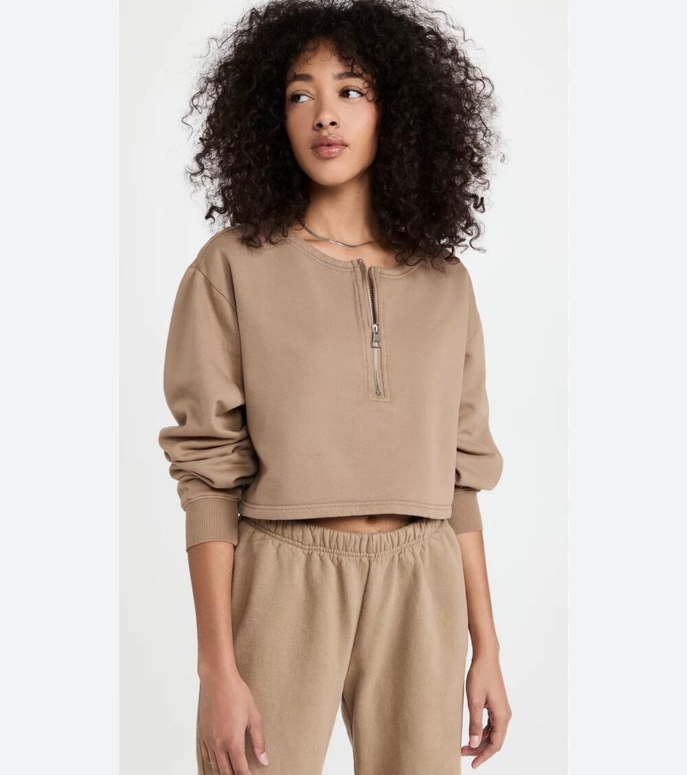 Good American Essentials Collarless Half Zip Cropped Sweatshirt Brown 3 Large